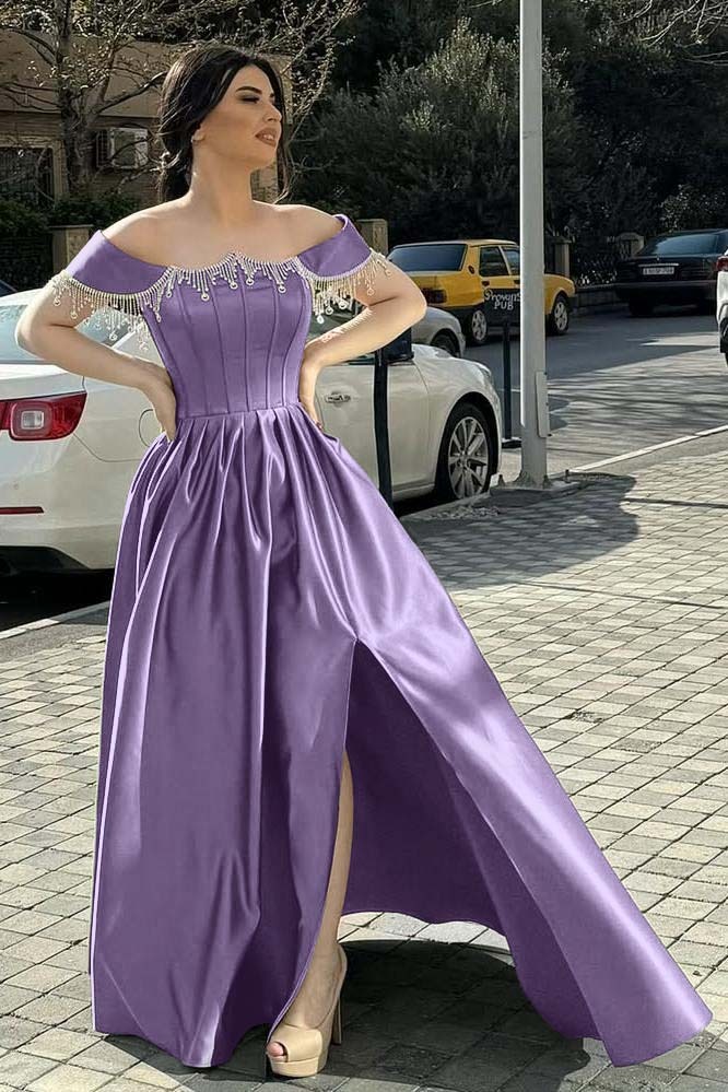 Off the Shoulder Sleeveless Long Split Prom Dress With Pleated Beading