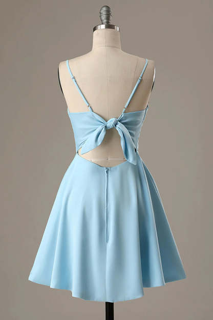 Simple Blue Open Back A Line Homecoming Dress