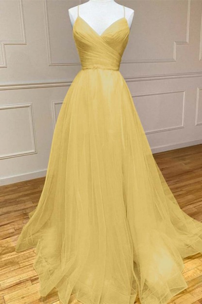 Amazing Yellow Spaghetti Strap Sleeveless V Neck Prom Dress String Back