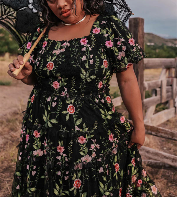 Plus Size Floral Party Dresses: V-Neck A-Line Princess Short Sleeves