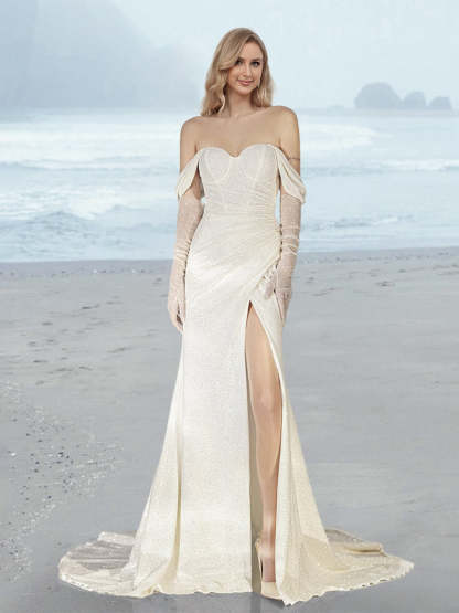 Off-the-Shoulder Floor-Length Sequined Wedding Dress with Side Split