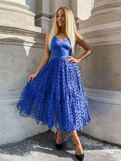 Blue A Line V Neck Tulle Tea Length Prom Dress