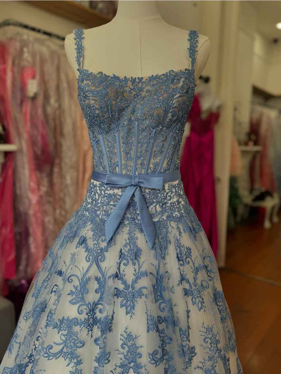 Blue Floral Baroque Lace Corset Long Prom Dress