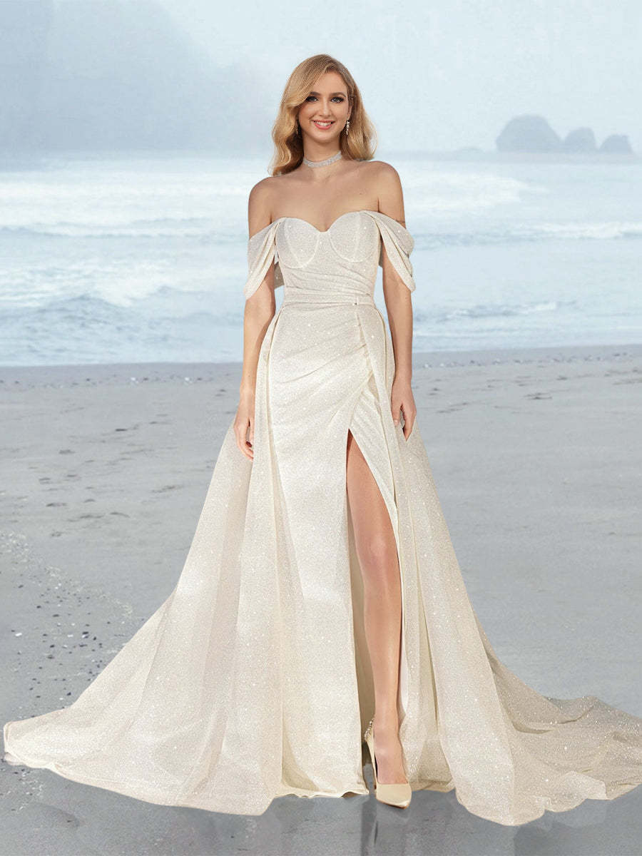 Off-the-Shoulder Floor-Length Sequined Wedding Dress with Side Split