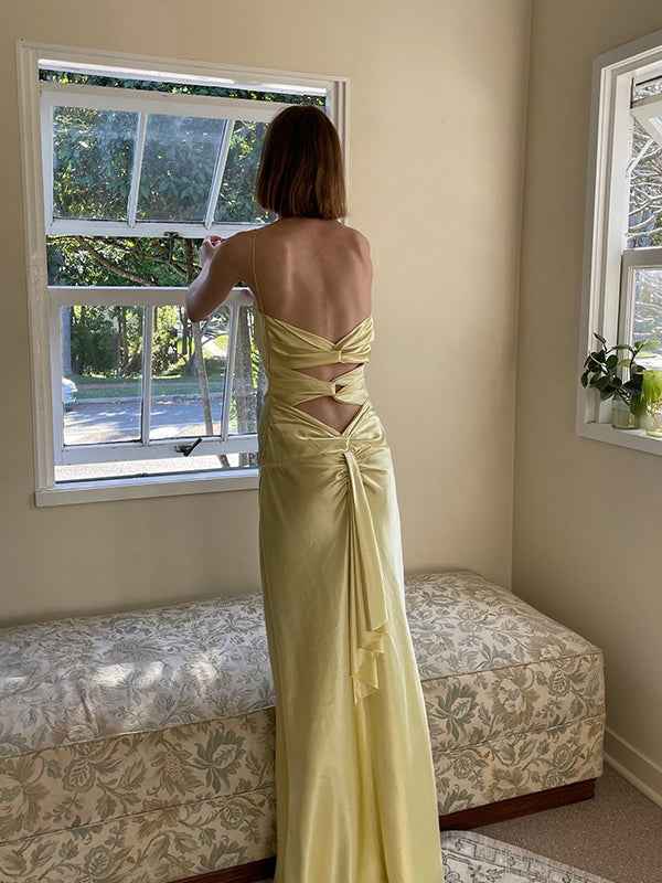 Yellow Sheath Spaghetti Straps Long Prom Party Dress with Keyhole Back