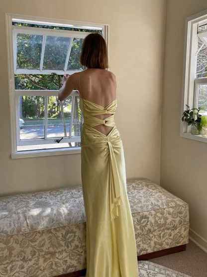 Yellow Sheath Spaghetti Straps Long Prom Party Dress with Keyhole Back