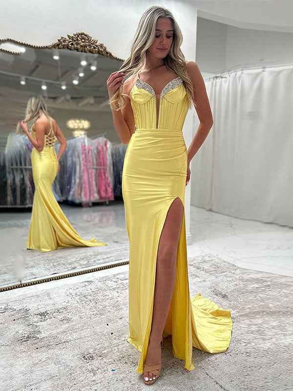 Sparkly Black Mermaid Spaghetti Straps Grey Corset Prom Dress with Slit