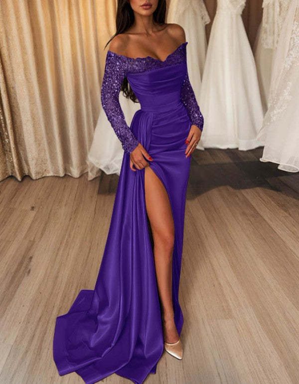 Off-the-Shoulder Floor-Length Prom Dress with Side Split and Sequins