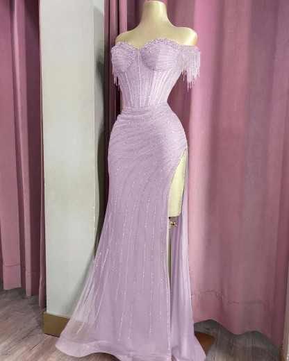 Off the Shoulder Sleeveless Long Split Prom Dress With Beading