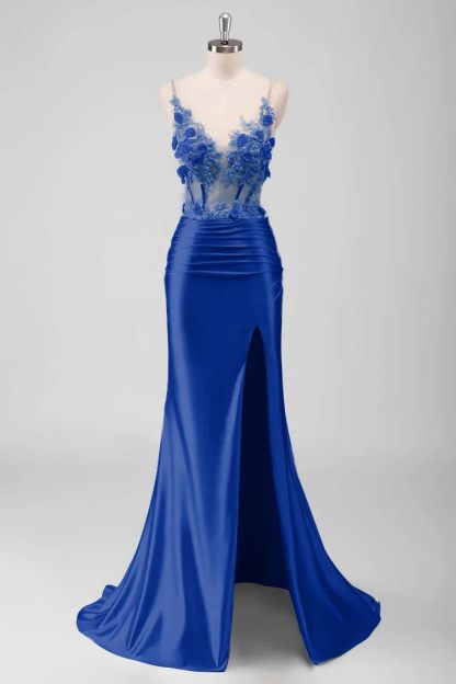 Sleeveless Spaghetti Strap Long Split Mermaid Prom Dress With Appliques