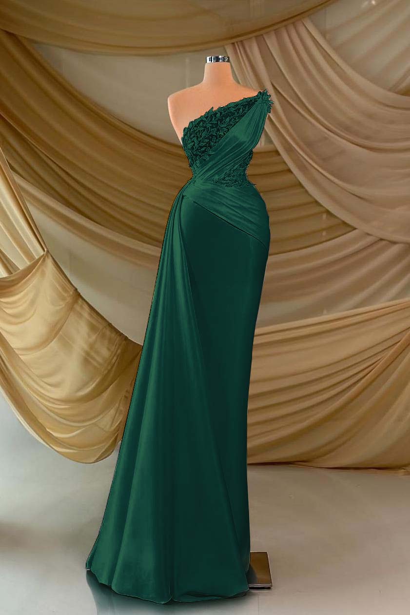 One Shoulder Sleeveless Long Prom Dress With Appliques Ruffles
