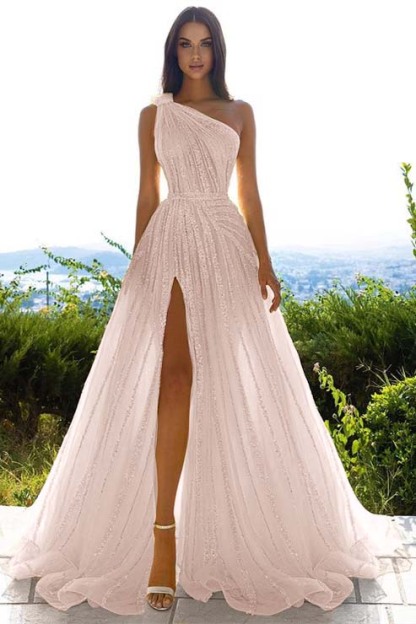 Tulle Sequins One Shoulder A Line Long Prom Dress Daffodil With Front Split