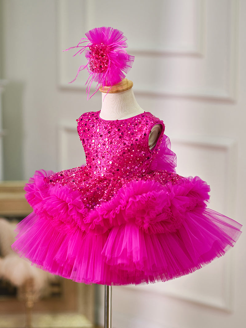 Knee-length Baby Girl Dress in Tulle with Sequins