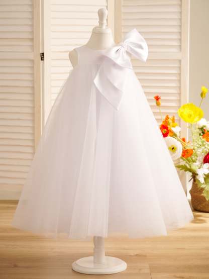 Toddler Flower Girl Dress in A-line Tulle with Big Bow Tea-length