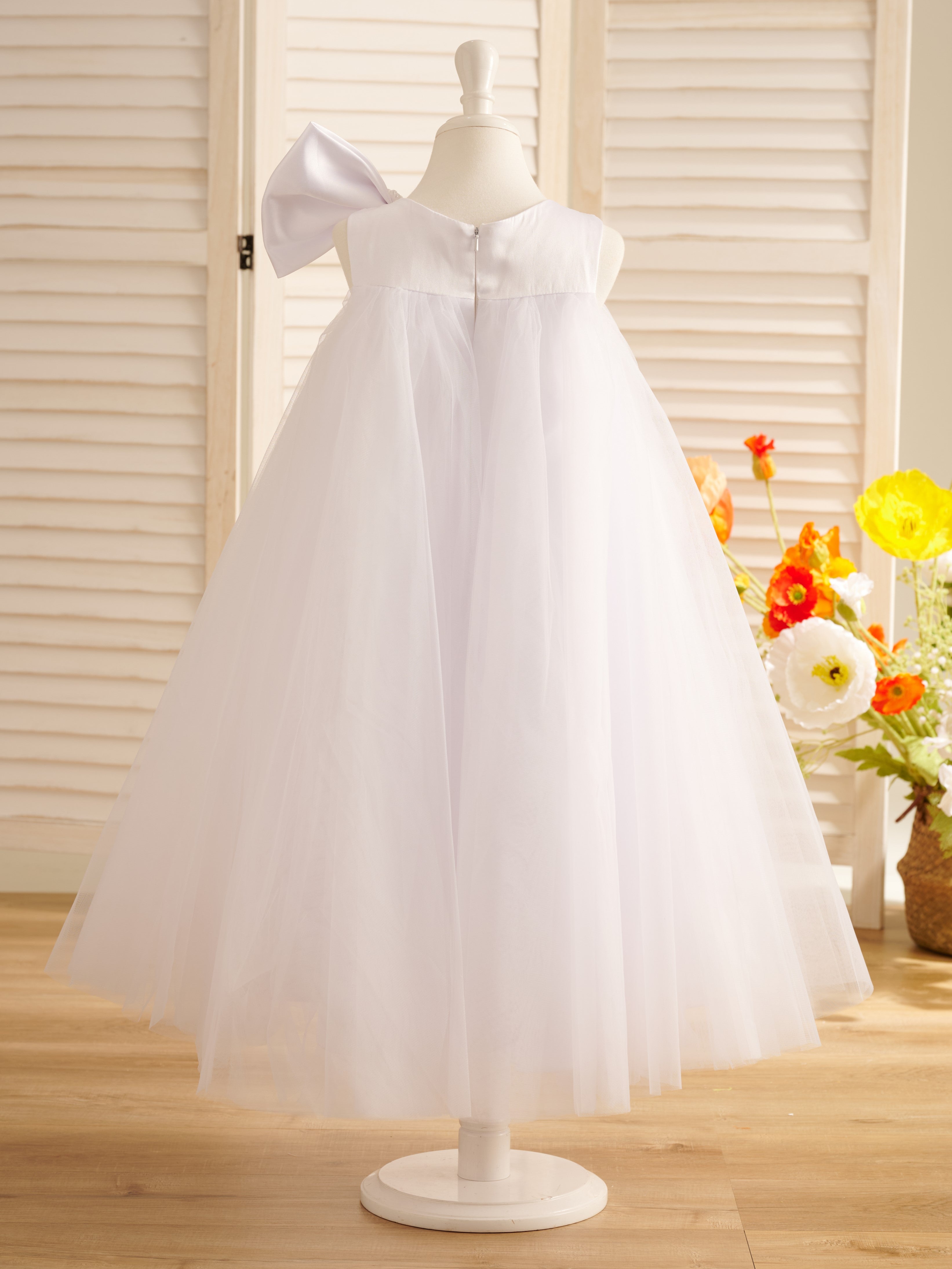 Toddler Flower Girl Dress in A-line Tulle with Big Bow Tea-length