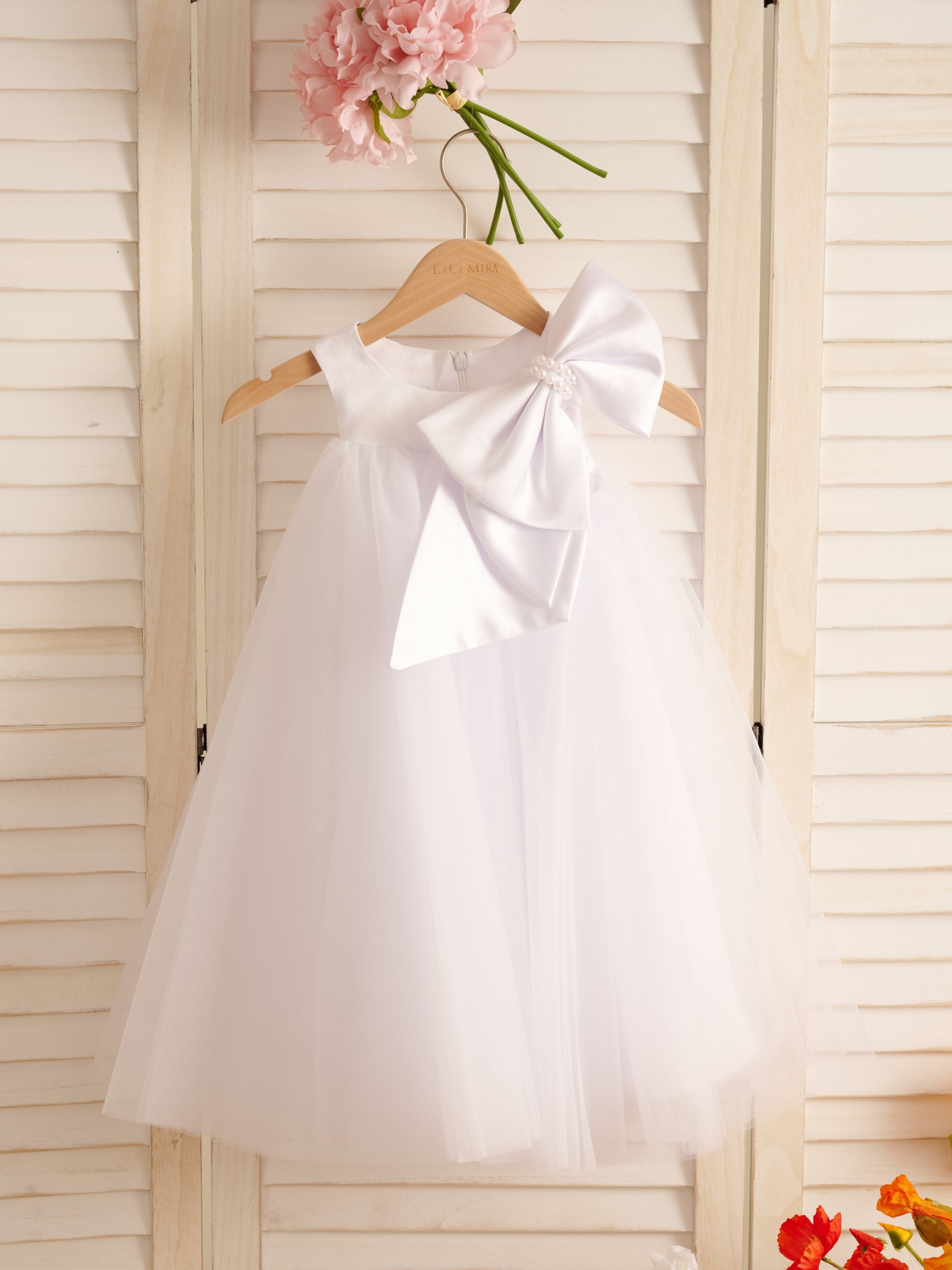 Toddler Flower Girl Dress in A-line Tulle with Big Bow Tea-length