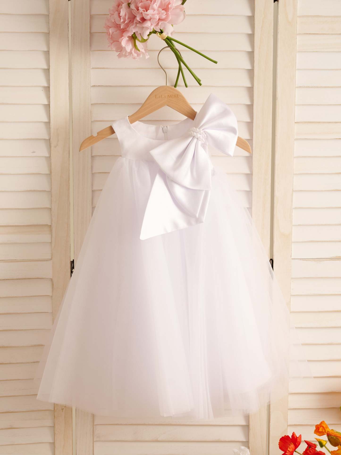 Toddler Flower Girl Dress in A-line Tulle with Big Bow Tea-length