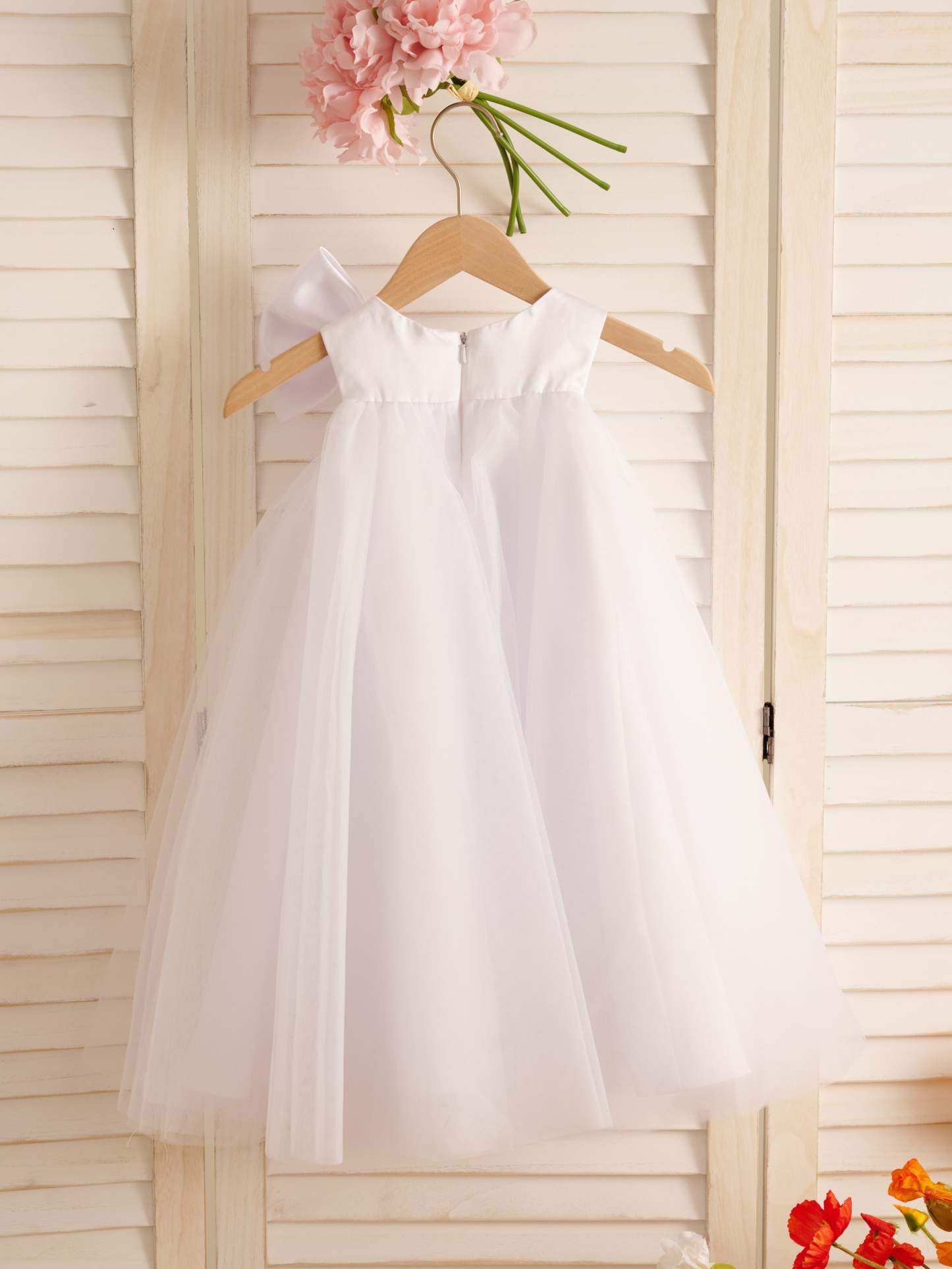 Toddler Flower Girl Dress in A-line Tulle with Big Bow Tea-length