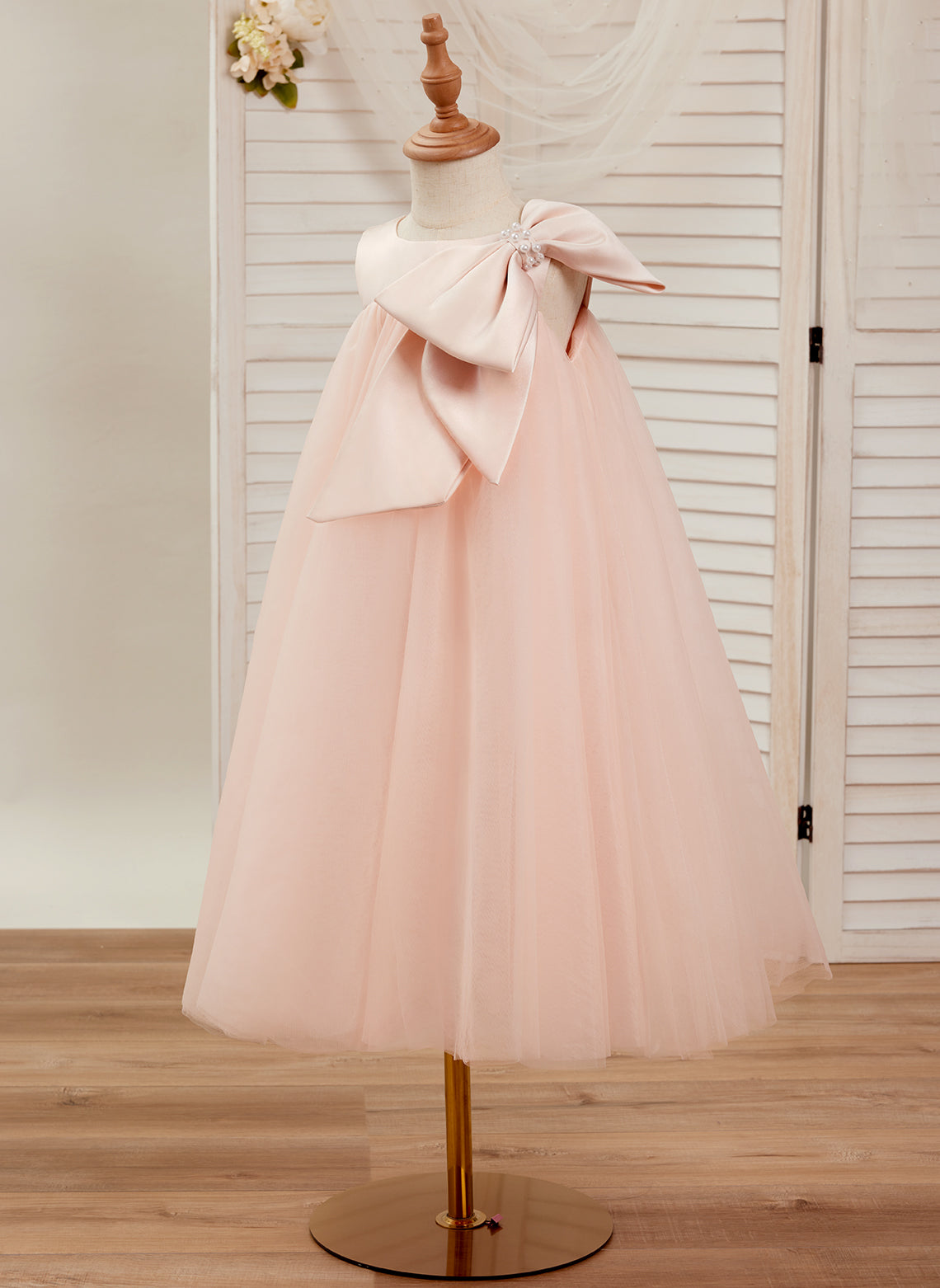 Toddler Flower Girl Dress in A-line Tulle with Big Bow Tea-length