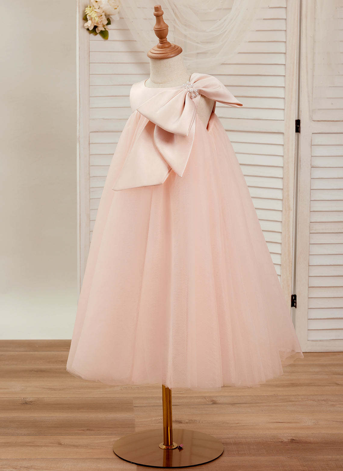 Toddler Flower Girl Dress in A-line Tulle with Big Bow Tea-length