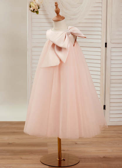 Toddler Flower Girl Dress in A-line Tulle with Big Bow Tea-length