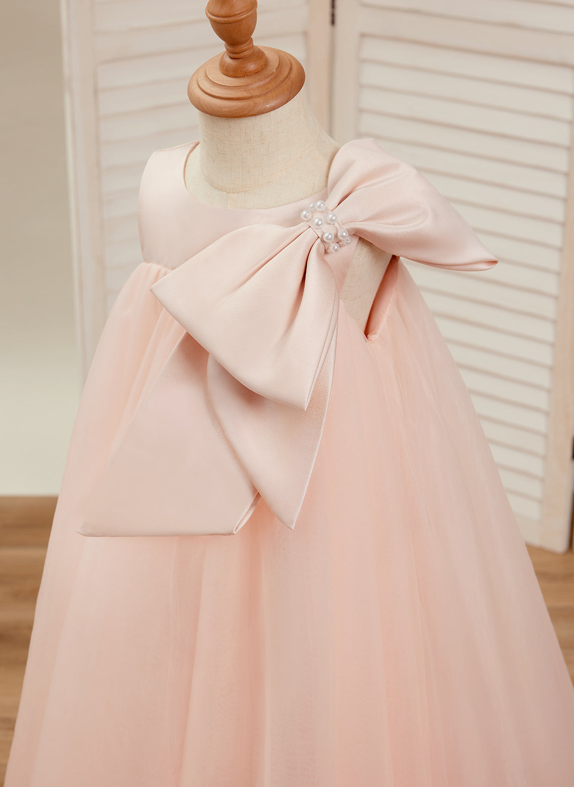 Toddler Flower Girl Dress in A-line Tulle with Big Bow Tea-length