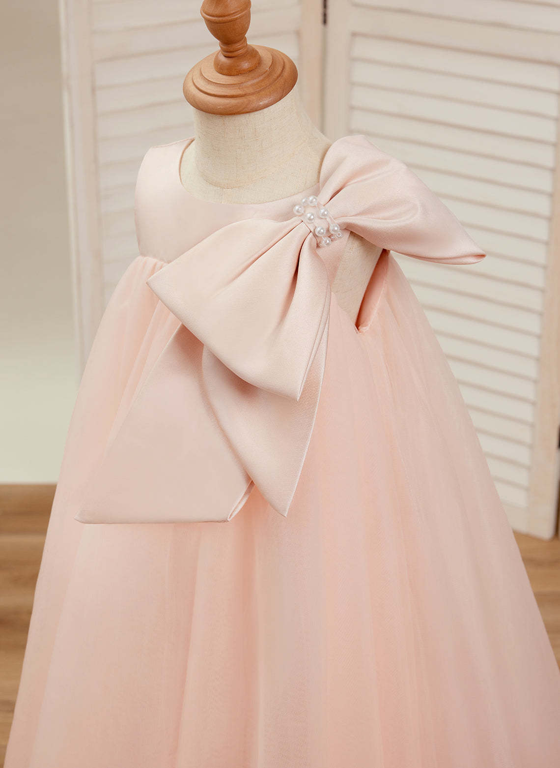 Toddler Flower Girl Dress in A-line Tulle with Big Bow Tea-length