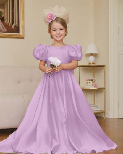 Bow-Back Puff Sleeve Flower Girl Dress with Sweep Train