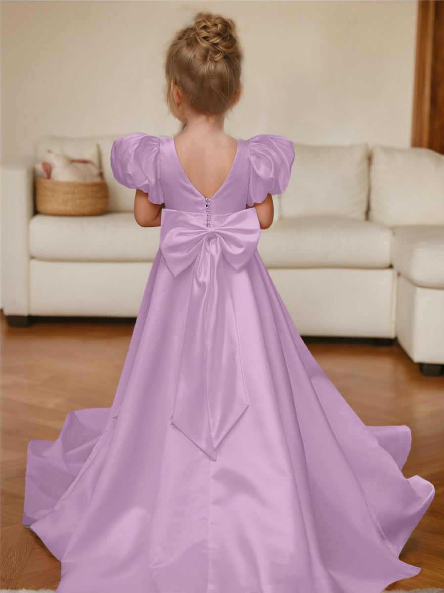 Bow-Back Puff Sleeve Flower Girl Dress with Sweep Train