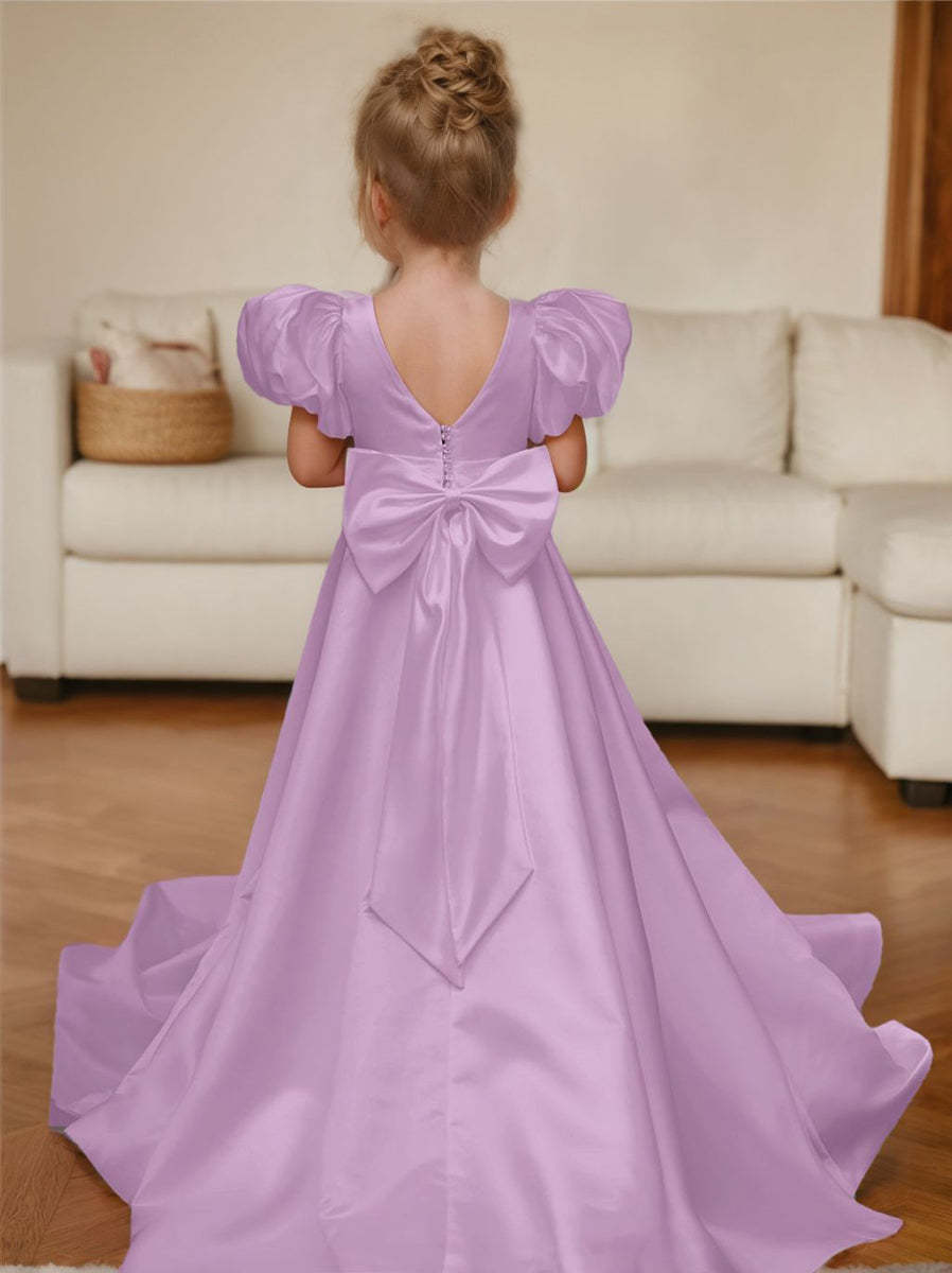 Bow-Back Puff Sleeve Flower Girl Dress with Sweep Train