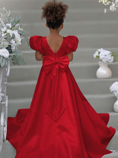 Bow-Back Puff Sleeve Flower Girl Dress with Sweep Train