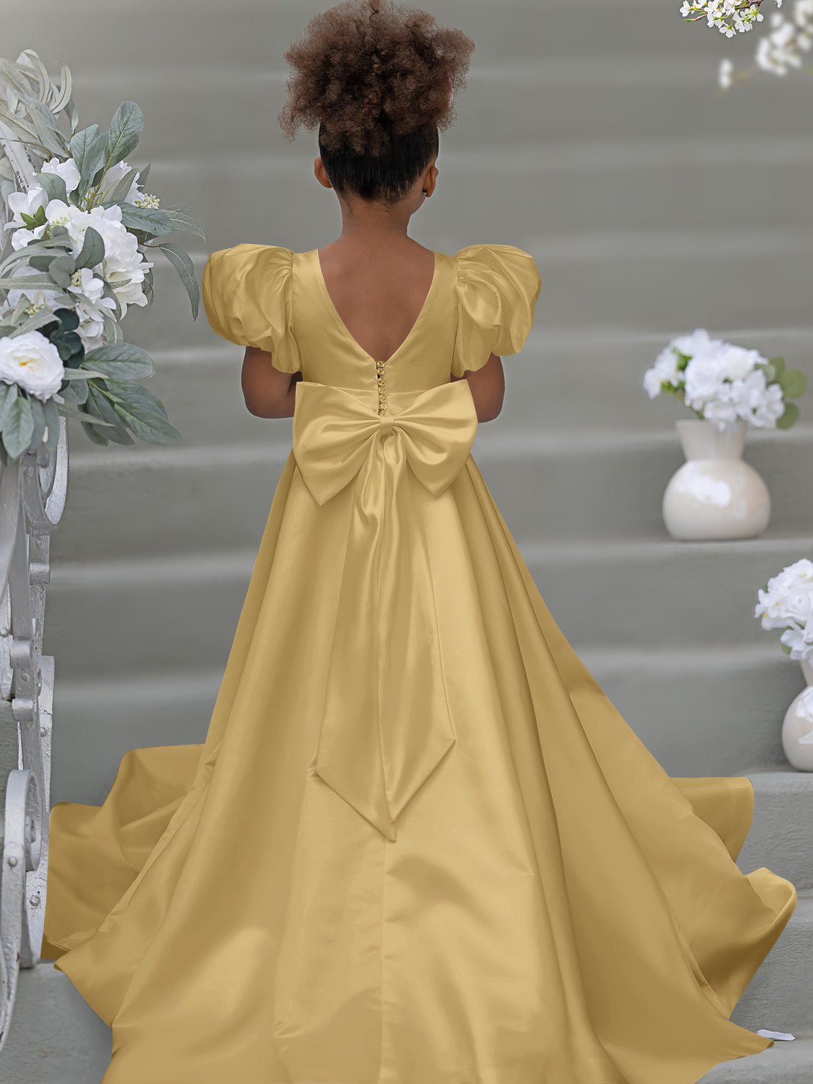 Bow-Back Puff Sleeve Flower Girl Dress with Sweep Train