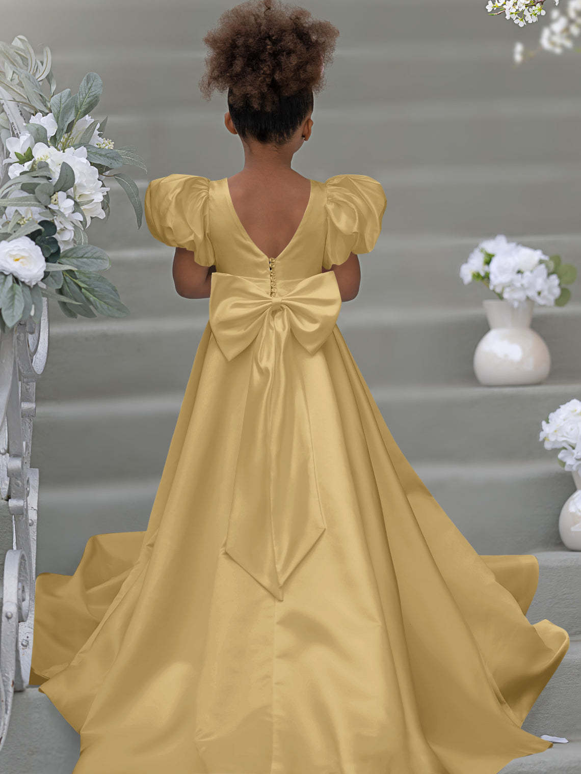 Bow-Back Puff Sleeve Flower Girl Dress with Sweep Train