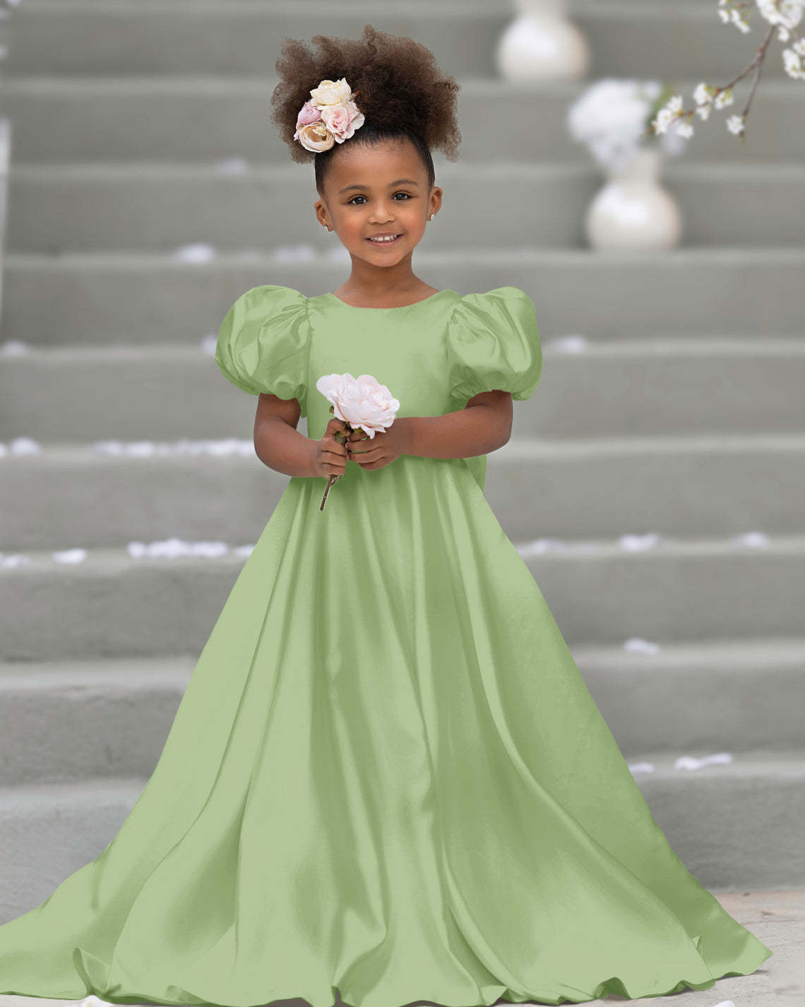 Bow-Back Puff Sleeve Flower Girl Dress with Sweep Train