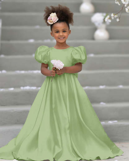 Bow-Back Puff Sleeve Flower Girl Dress with Sweep Train