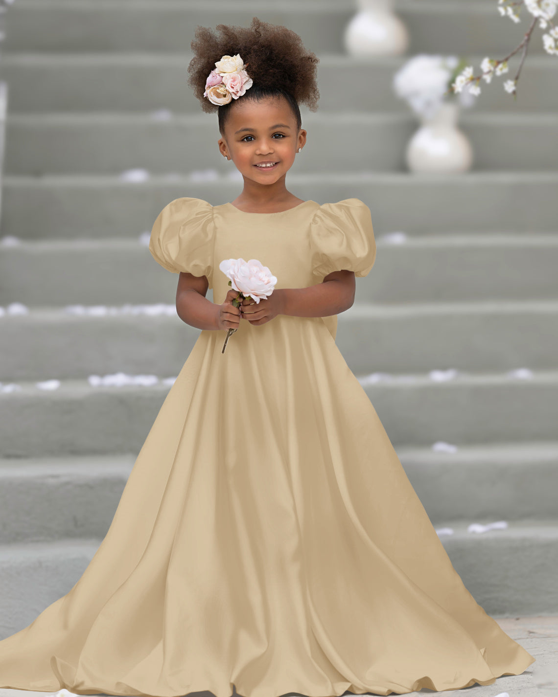 Bow-Back Puff Sleeve Flower Girl Dress with Sweep Train