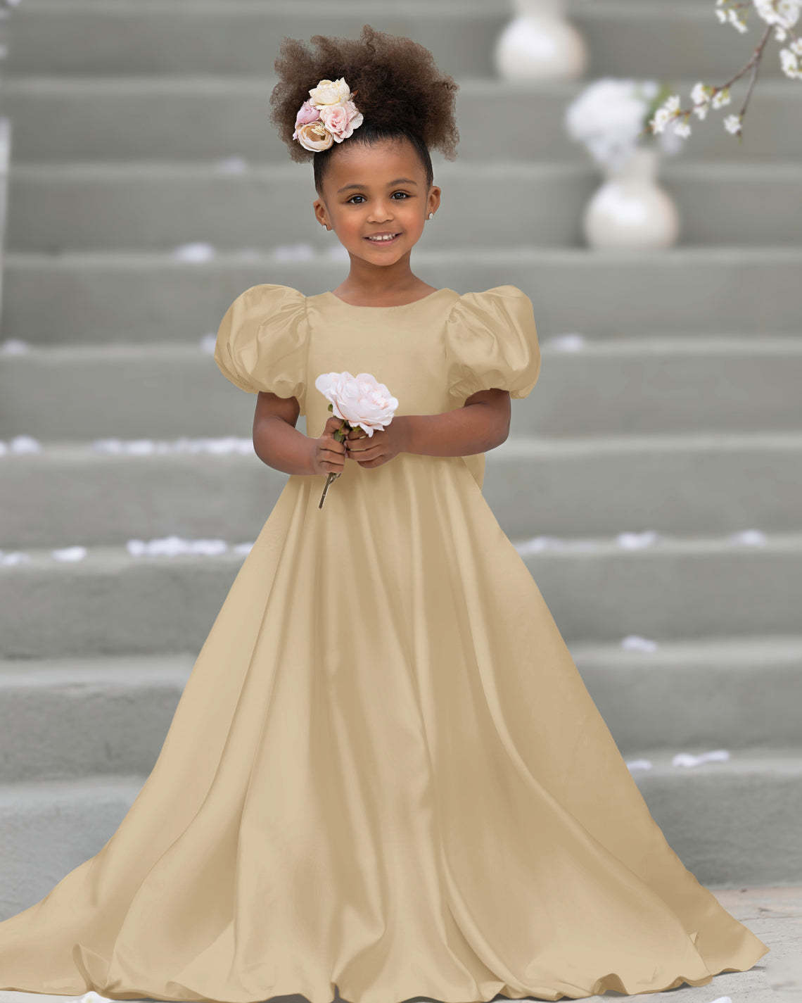Bow-Back Puff Sleeve Flower Girl Dress with Sweep Train