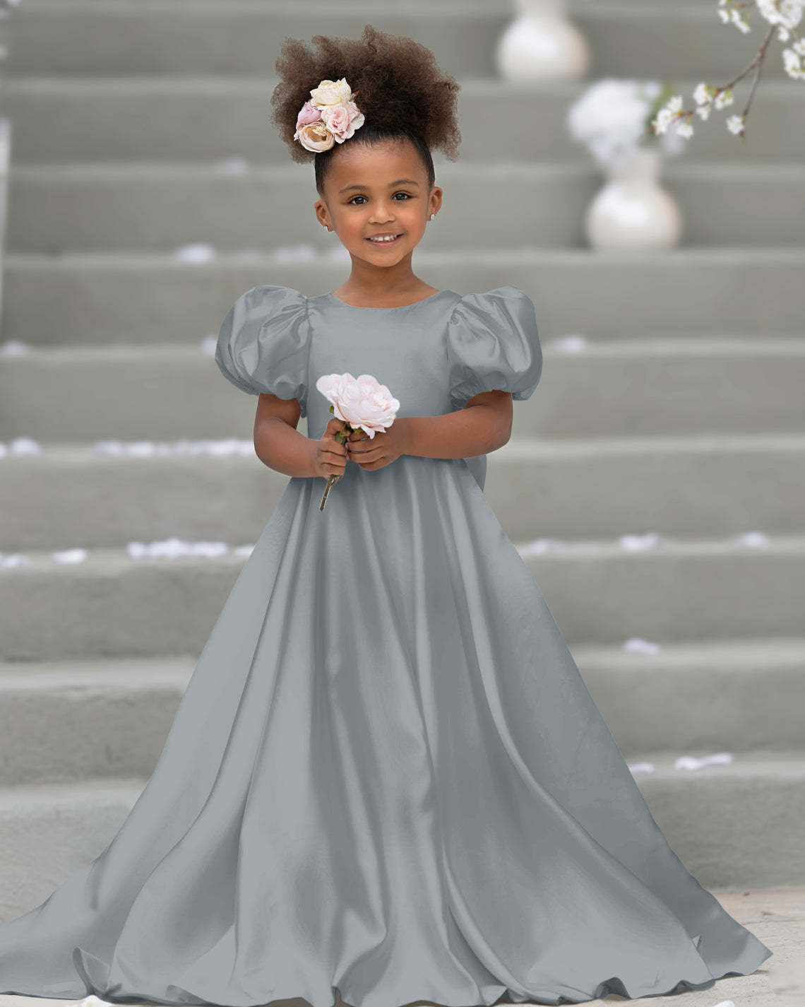 Bow-Back Puff Sleeve Flower Girl Dress with Sweep Train