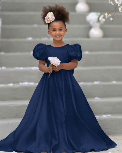 Bow-Back Puff Sleeve Flower Girl Dress with Sweep Train