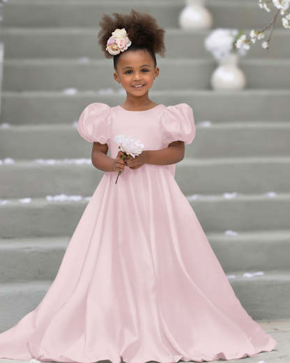 Bow-Back Puff Sleeve Flower Girl Dress with Sweep Train