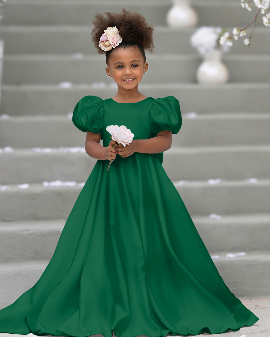 Bow-Back Puff Sleeve Flower Girl Dress with Sweep Train