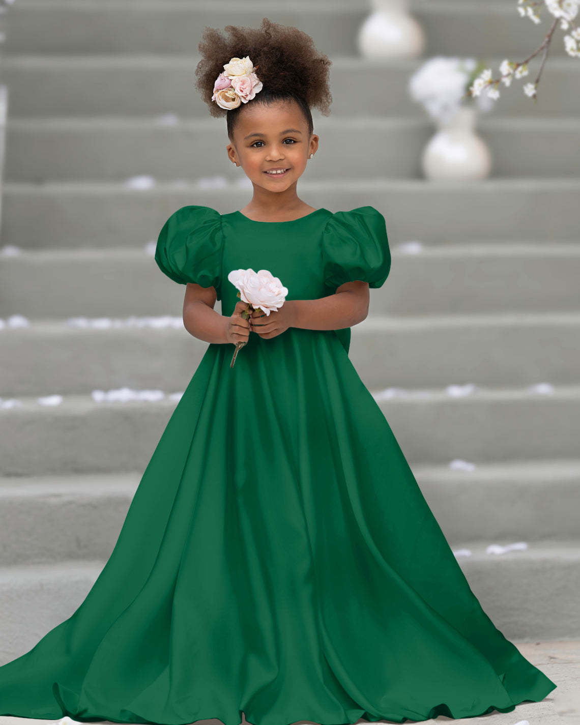 Bow-Back Puff Sleeve Flower Girl Dress with Sweep Train
