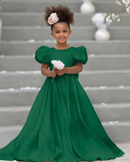 Bow-Back Puff Sleeve Flower Girl Dress with Sweep Train