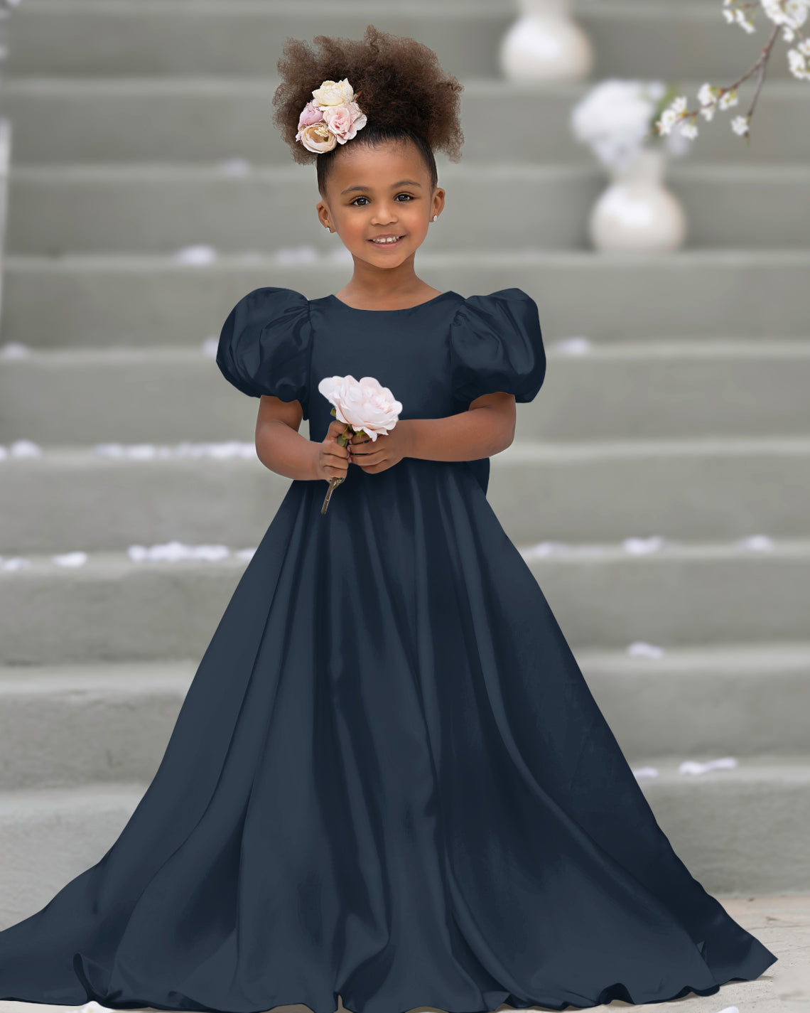 Bow-Back Puff Sleeve Flower Girl Dress with Sweep Train