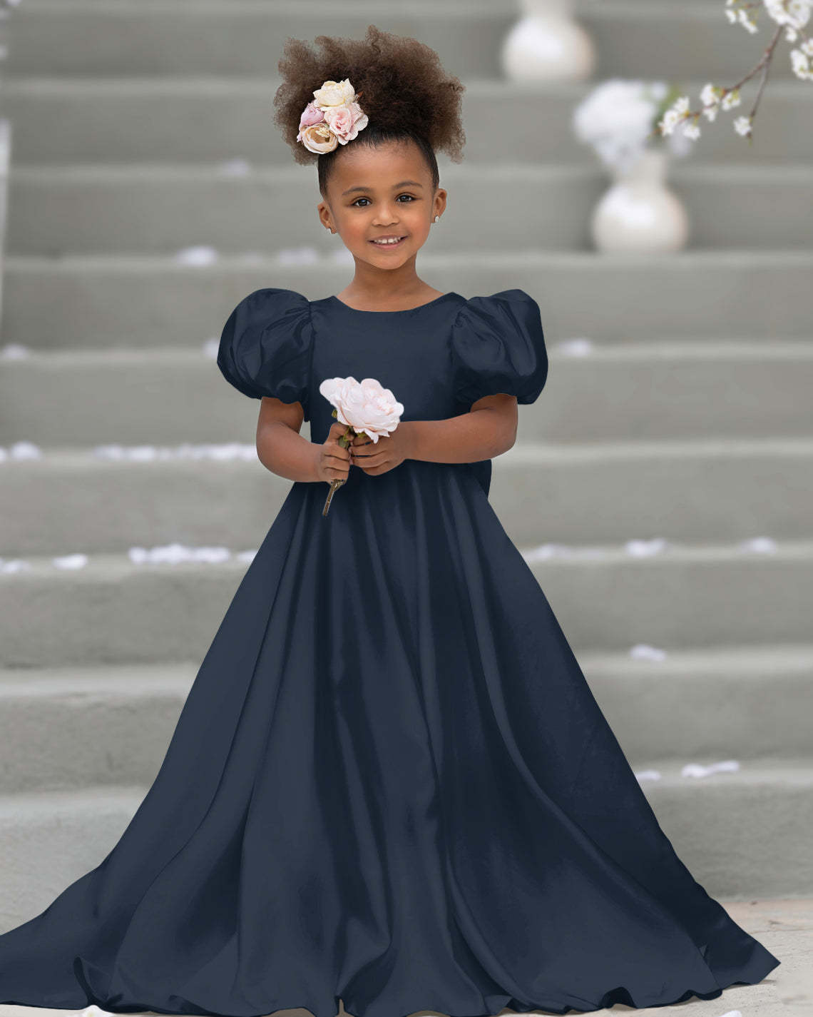 Bow-Back Puff Sleeve Flower Girl Dress with Sweep Train