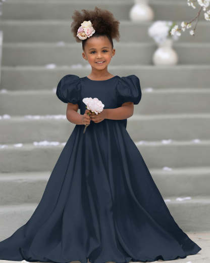 Bow-Back Puff Sleeve Flower Girl Dress with Sweep Train
