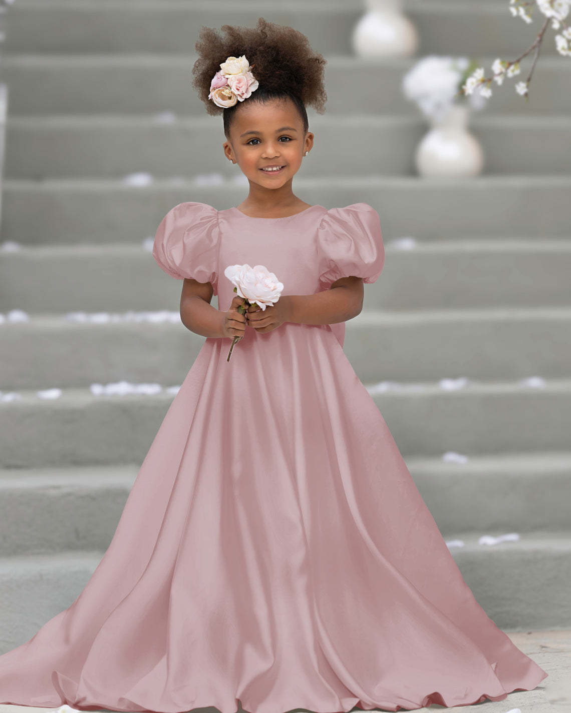 Bow-Back Puff Sleeve Flower Girl Dress with Sweep Train