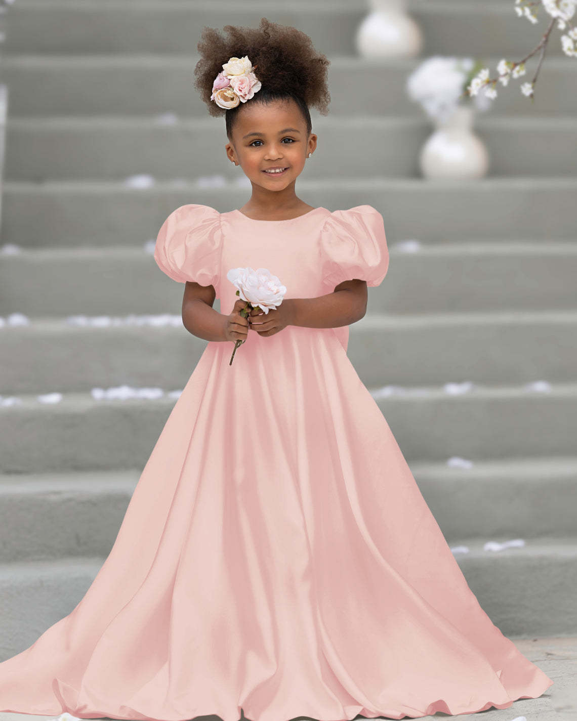 Bow-Back Puff Sleeve Flower Girl Dress with Sweep Train