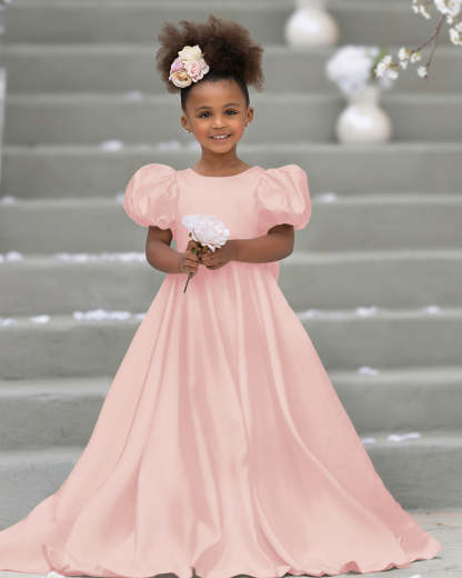Bow-Back Puff Sleeve Flower Girl Dress with Sweep Train