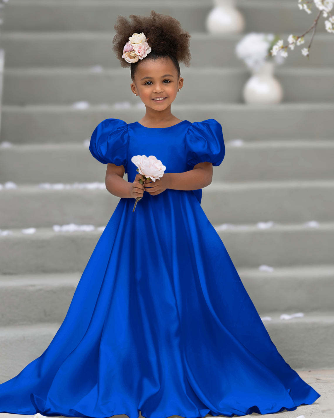 Bow-Back Puff Sleeve Flower Girl Dress with Sweep Train